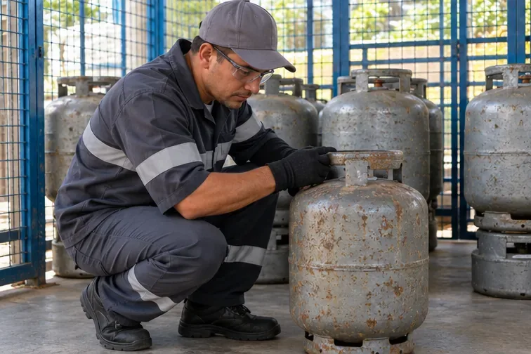 Um trabalhador de revenda inspeciona um botijão enferrujado em pé dentro de uma área ventilada de armazenamento