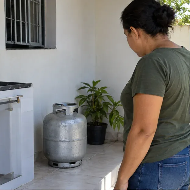 Moradora observa um botijão de gás usado mantido em pé em área residencial ventilada