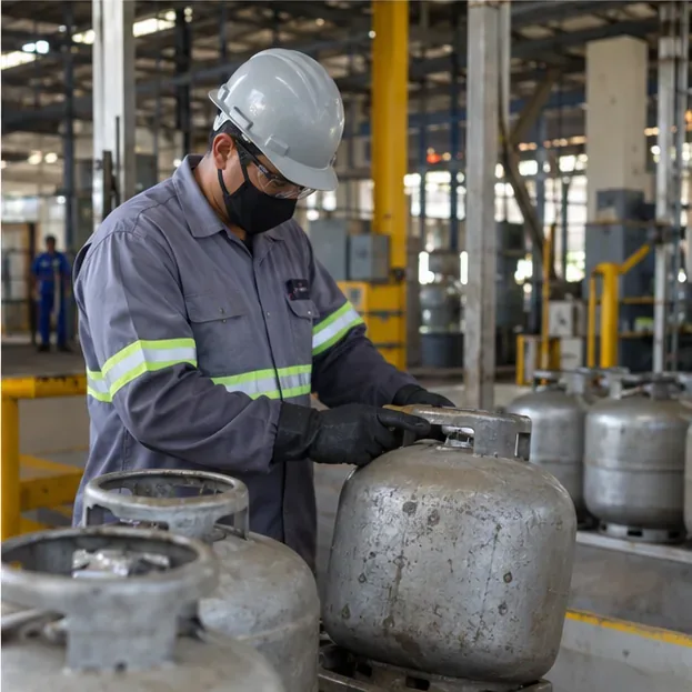 Trabalhador com equipamentos de proteção inspeciona um botijão usado em instalação industrial