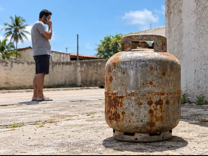 Botijão enferrujado permanece em área aberta enquanto uma pessoa se afasta e usa o telefone