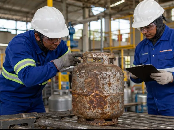 Profissionais com equipamentos de proteção avaliam um botijão antigo em instalação industrial