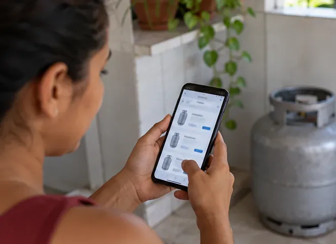 Uma pessoa consulta no celular informações sobre revendas de gás, ao lado de um botijão intacto.