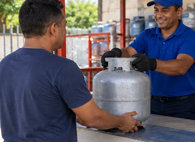 Em um balcão de revenda, um atendente e um cliente mantêm um botijão na vertical durante uma troca.