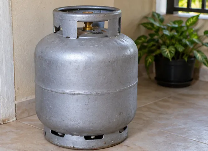 Um botijão de GLP metálico está em pé em uma área doméstica ventilada; não há mangueira conectada.