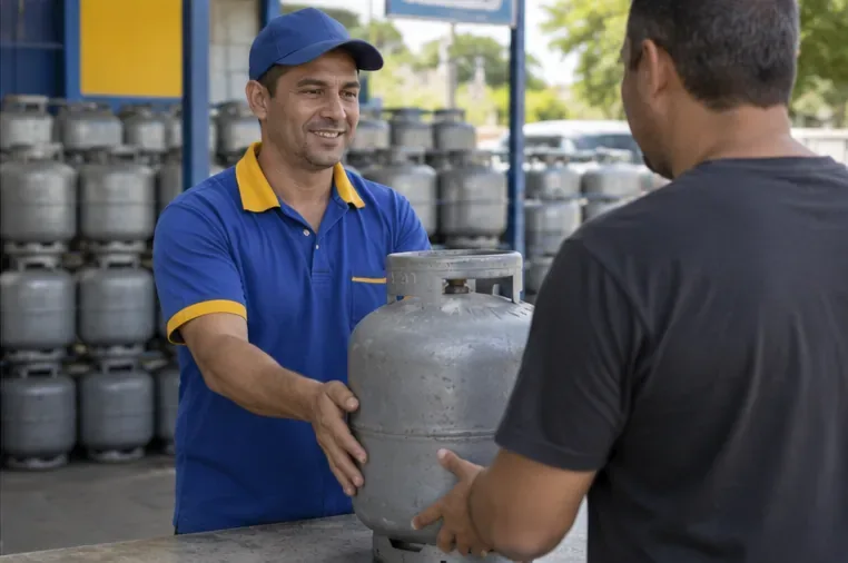 Trabalhador de revenda recebe um botijão usado de um consumidor em balcão com outros recipientes ao fundo
