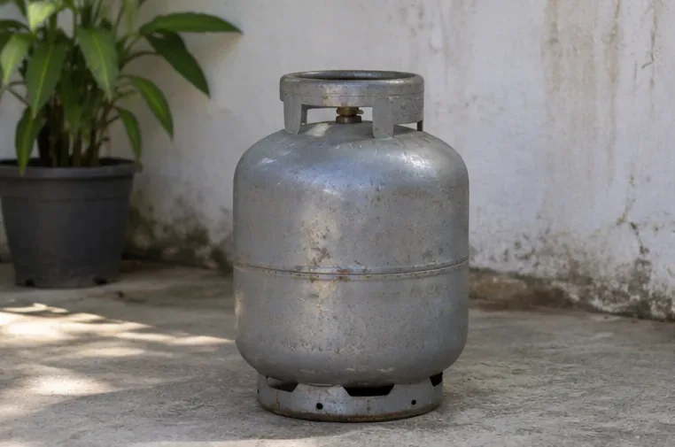 Botijão de gás usado em posição vertical sobre piso de concreto em área ventilada
