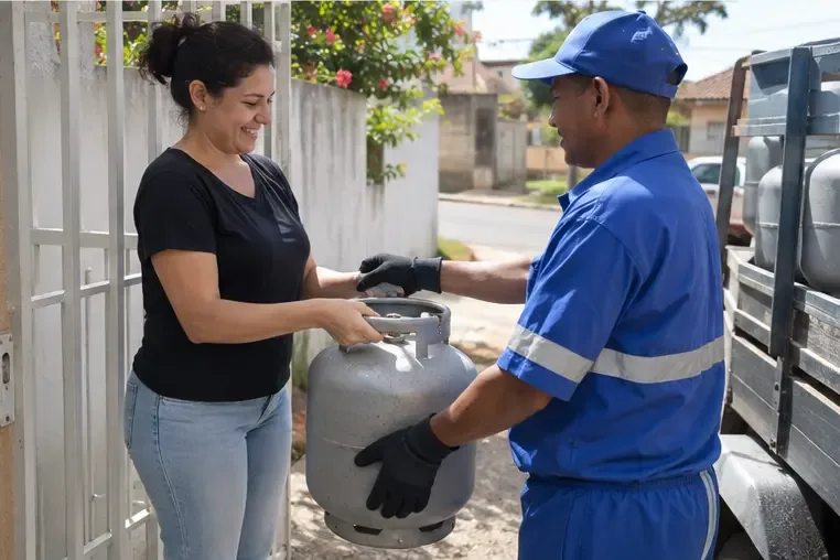 Moradora entrega um botijão em pé a um trabalhador de entrega na entrada de uma residência