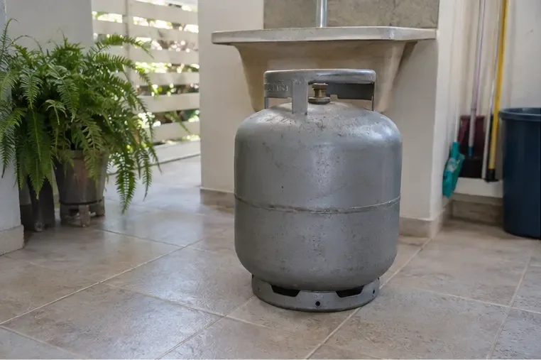 Botijão de aço cinza em pé em uma área coberta, ao lado de uma planta