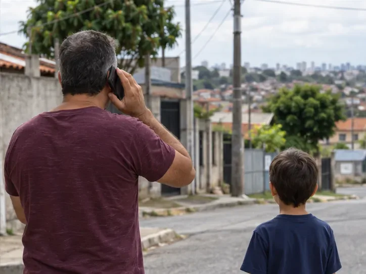 Adulto e criança afastados da casa enquanto o adulto telefona do lado de fora para pedir ajuda