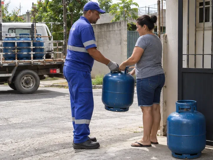 Entregador de gás e moradora passam um botijão azul vazio em pé junto ao portão, com veículo de carga aberto ao fundo