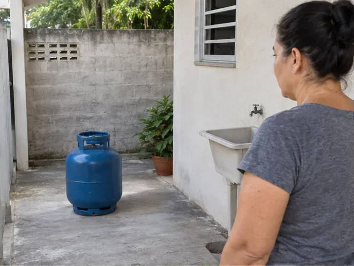 Botijão azul de GLP em pé numa área externa ventilada, ao lado de uma parede e de plantas, enquanto uma moradora o observa