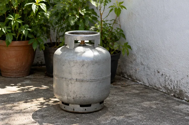 Botijão metálico mantido em posição vertical em área externa ventilada, afastado de um compartimento fechado