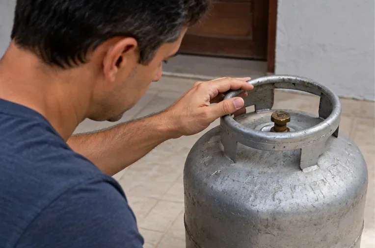 Pessoa observando de perto um botijão metálico usado, sem desmontar a válvula ou alterar o recipiente