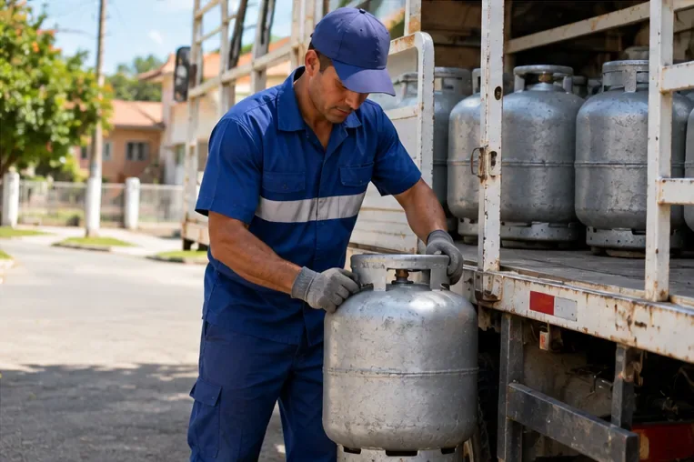 Trabalhador uniformizado colocando um botijão usado junto a outros recipientes em veículo de coleta especializado