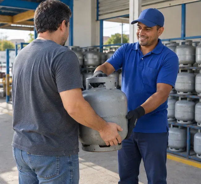 Consumidor entrega um botijão usado a trabalhador uniformizado em uma revenda com outros recipientes armazenados ao fundo