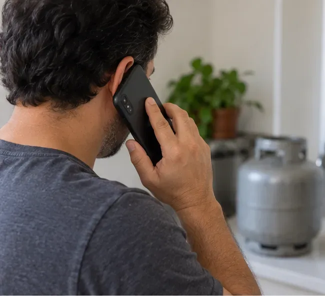Homem telefona para uma revenda enquanto um botijão permanece parado em local ventilado