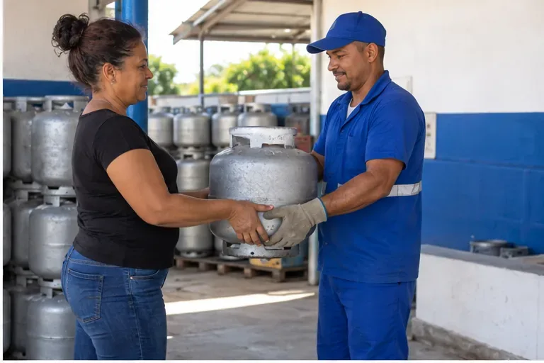 Cliente entrega um botijão de gás usado a um trabalhador em uma área de revenda com outros cilindros armazenados