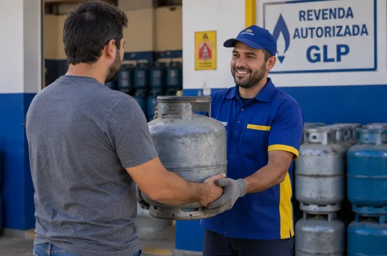 Consumidor entrega um botijão de gás a um atendente em uma revenda sinalizada como autorizada para GLP.