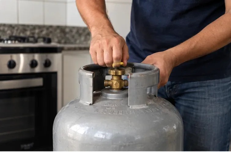 Mãos fecham cuidadosamente a válvula na parte superior de um botijão de gás em uma cozinha.