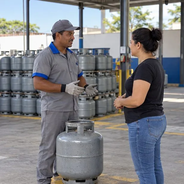 Atendente conversa com cliente ao lado de um botijão em uma área organizada de revenda