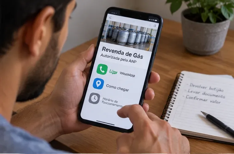 Pessoa consulta no celular uma revenda de gás autorizada pela ANP.