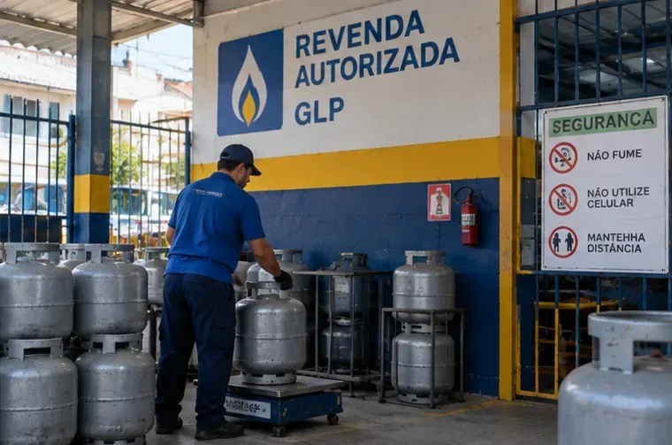 Área organizada de uma revenda autorizada de GLP com botijões armazenados e sinalização de segurança.