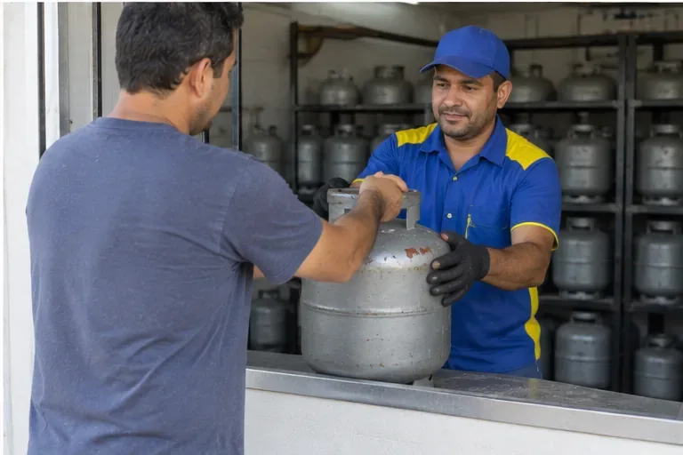 Consumidor entregando um botijão usado a um atendente em um ponto de revenda de gás com outros recipientes armazenados ao fundo