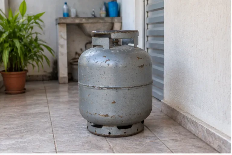 Botijão de gás metálico usado, com marcas de desgaste, mantido em uma área ventilada de uma residência
