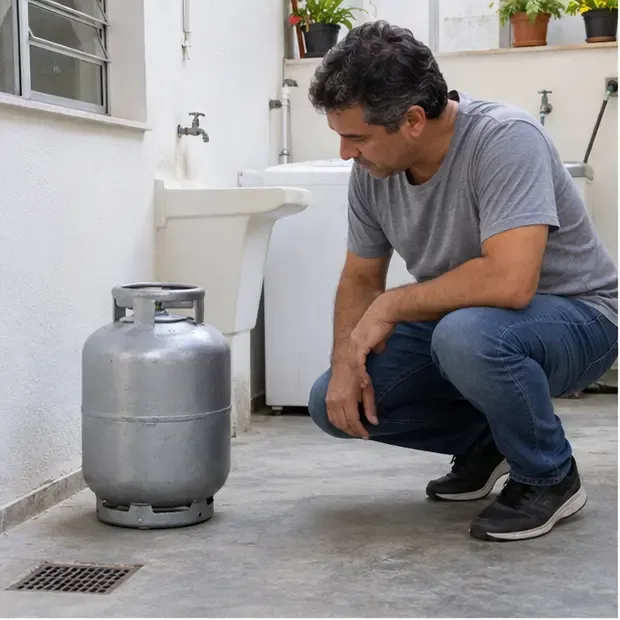 Botijão de gás íntegro mantido em pé em uma área residencial ventilada, enquanto uma pessoa observa o recipiente sem tocar na válvula
