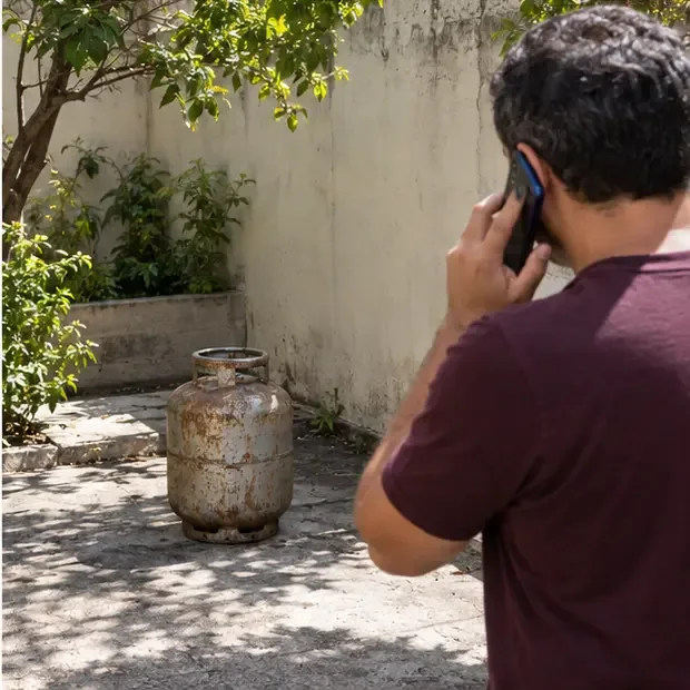 Botijão de gás enferrujado isolado em área externa enquanto uma pessoa telefona de uma distância segura