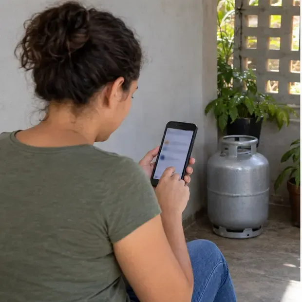 Moradora consulta informações oficiais no celular ao lado de um botijão mantido em local sombreado e ventilado