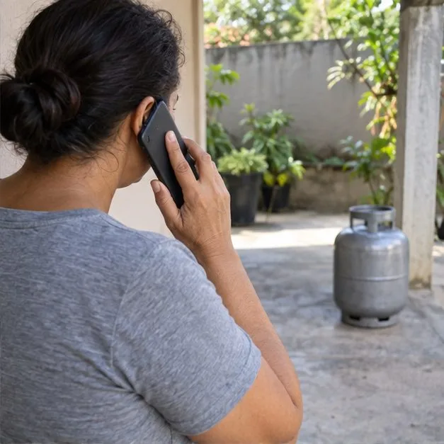Moradora telefona para a revenda enquanto um botijão permanece em pé em uma área aberta