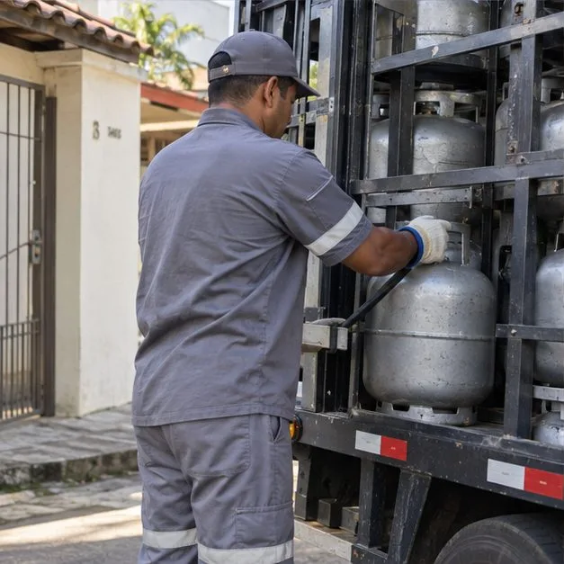 Profissional de entrega de gás organiza botijões em pé na estrutura ventilada de um veículo de serviço