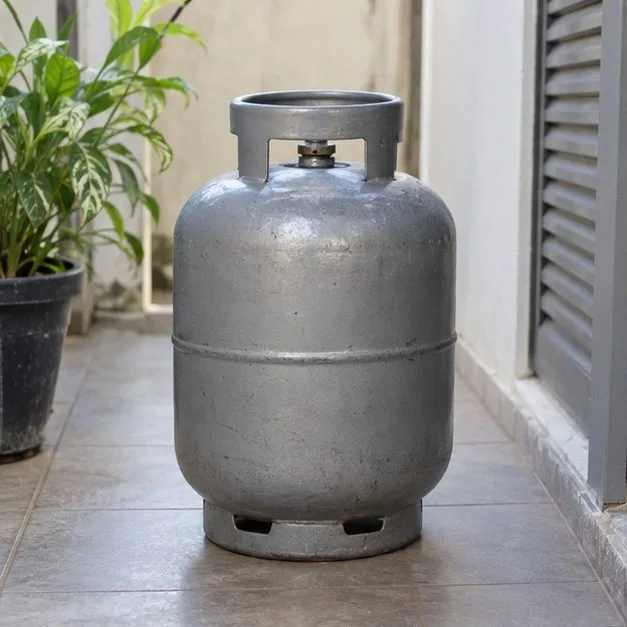 Botijão doméstico de aço em pé, com o colar da válvula visível, em uma área externa ventilada