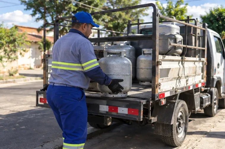Trabalhador manuseia um botijão de gás em pé junto a veículo aberto com outros recipientes