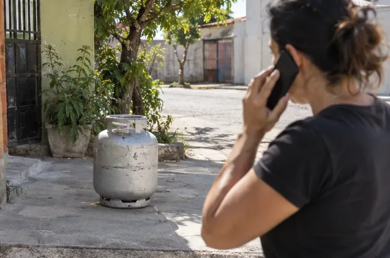 Mulher mantém distância de um botijão de gás em área aberta enquanto faz uma ligação telefônica