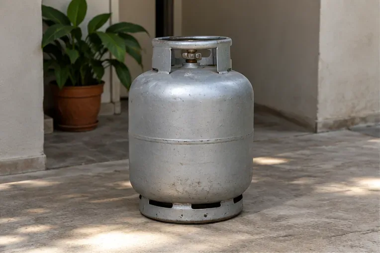 Botijão de GLP usado, em pé, sobre piso de área externa ventilada