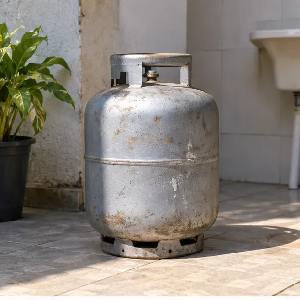 Botijão de gás usado e com pontos de ferrugem mantido em pé em uma área ventilada.