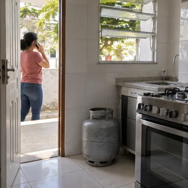 Cozinha ventilada com porta e janela abertas, enquanto uma pessoa faz uma ligação do lado de fora e o botijão permanece em pé.