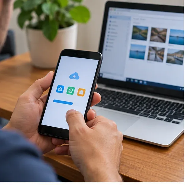 Pessoa fazendo backup de um celular antigo ao lado de um notebook antes do descarte