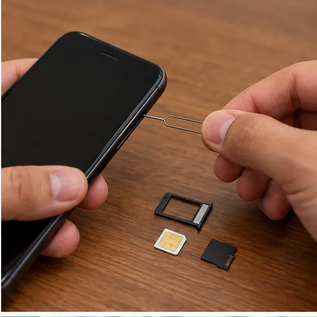 Mãos retirando a bandeja do chip de um smartphone, com SIM e cartão de memória sobre a mesa