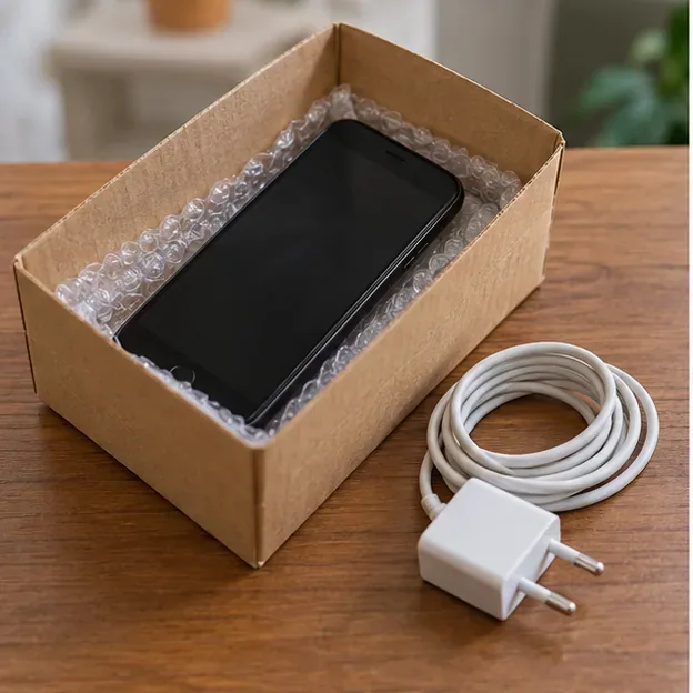 Celular antigo acomodado em uma caixa pequena com proteção, ao lado de carregador e cabo