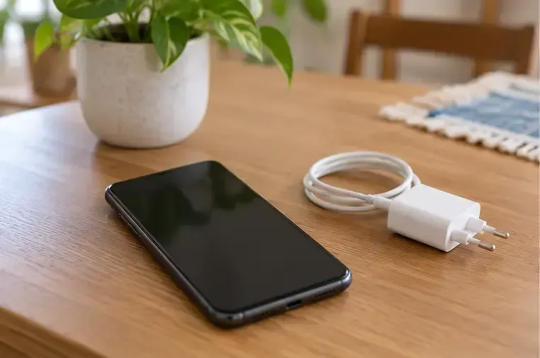 Celular usado e carregador sobre uma mesa, pronto para avaliação antes da doação ou reciclagem