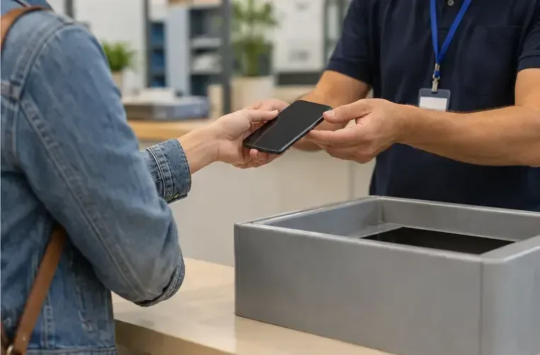 Pessoa entregando um celular a um atendente em um balcão neutro de recebimento de eletrônicos