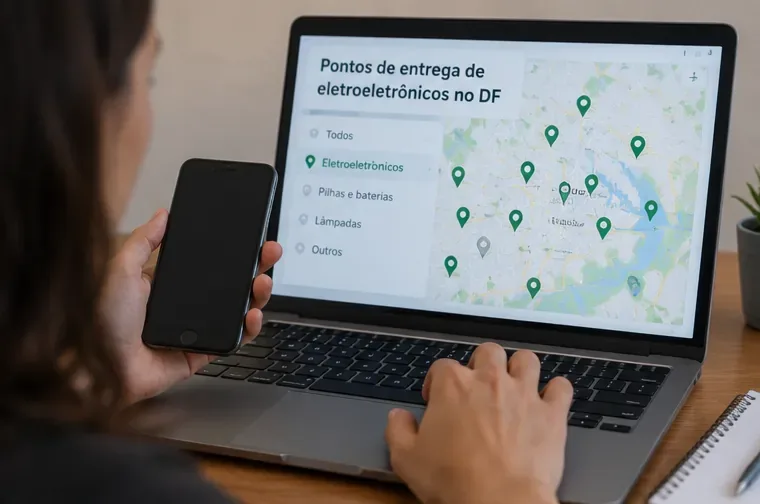 Pessoa consulta em um notebook um mapa de pontos de entrega de eletroeletrônicos no Distrito Federal enquanto segura um celular antigo.