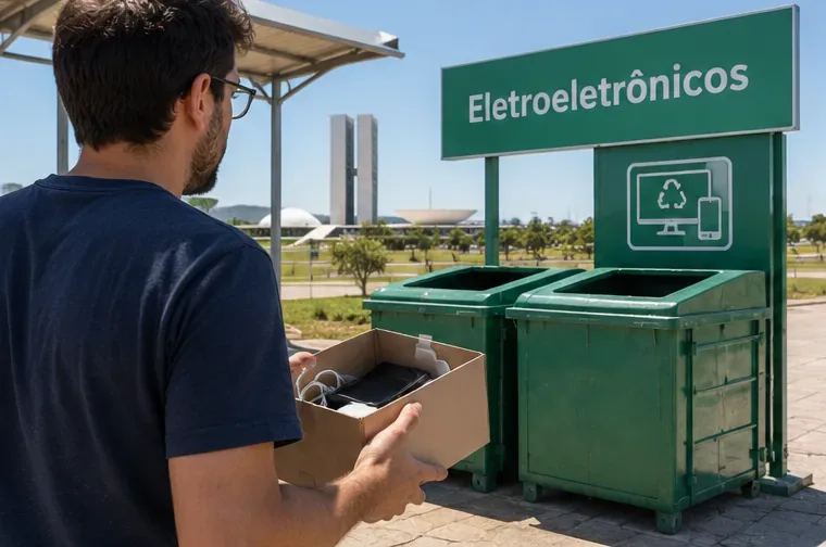 Pessoa chega a um ponto de entrega de eletroeletrônicos carregando um celular e acessórios em uma pequena caixa.
