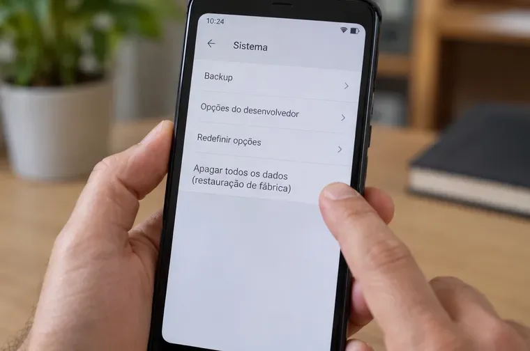 Celular mostra uma tela de sistema com opção de apagar dados e restaurar o aparelho antes do descarte.