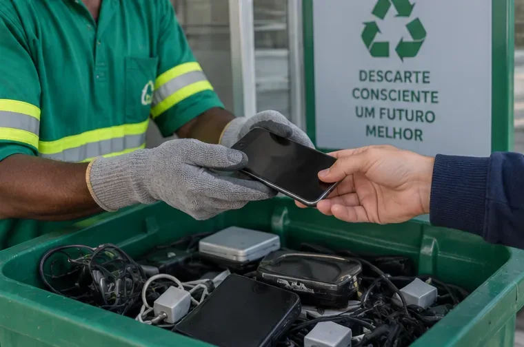 Trabalhador com luvas recebe um celular de uma pessoa ao lado de um recipiente com outros resíduos eletrônicos.