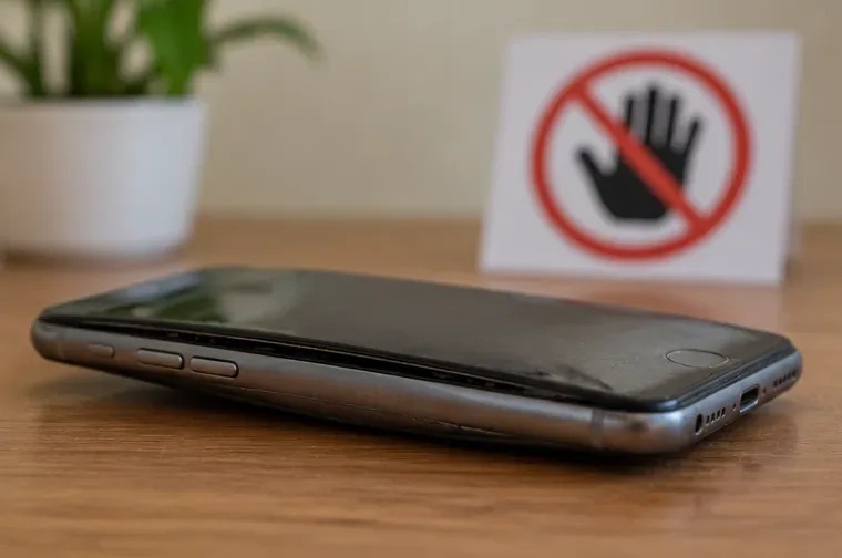 Celular com a carcaça levemente levantada por uma bateria deformada, colocado sobre uma mesa sem ser manipulado.