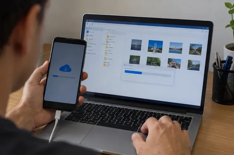 Pessoa conecta um celular a um notebook para copiar e conferir arquivos antes de apagar o aparelho.